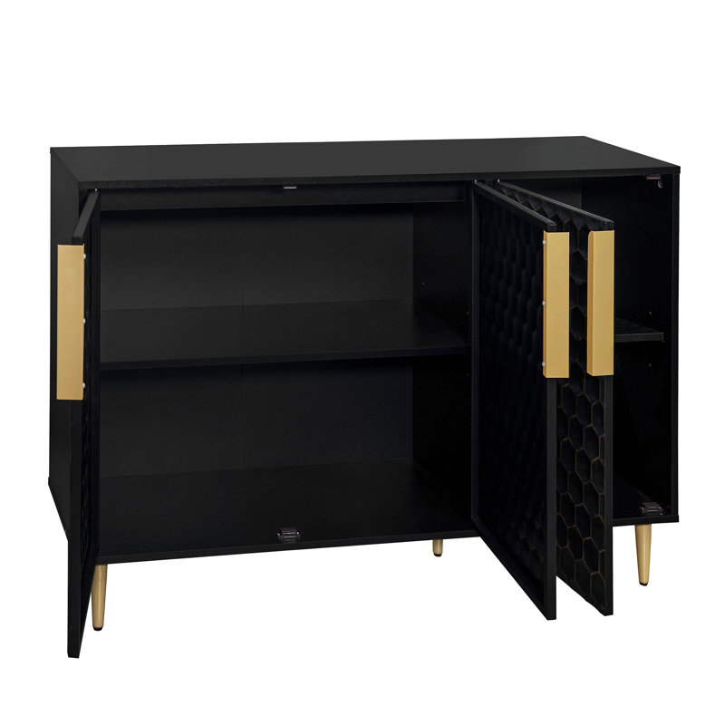 Armoire de rangement 3 portes avec portes en nid d'abeille en métal, Noir et or