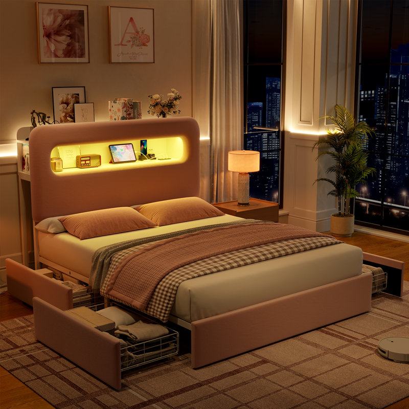 Structure de lit tapissier, lit de rangement avec DEL et station de charge, Grand, Rose