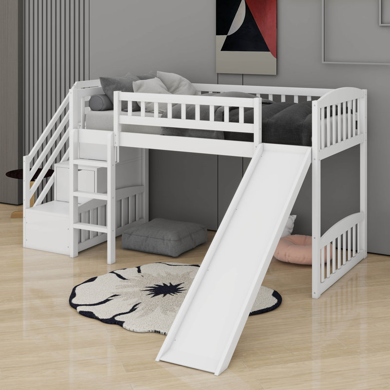 Twin Size Loft Bed With Slide, White