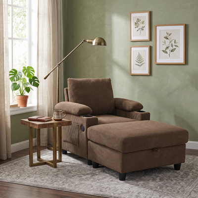 Modern Upholstered Recliner Chair and Ottoman Set, Adjustable Single Lounge Sofa with USB Port, In One Box
