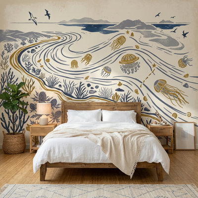 Papier peint bord de mer paysage marin amovible Illustration nautique
