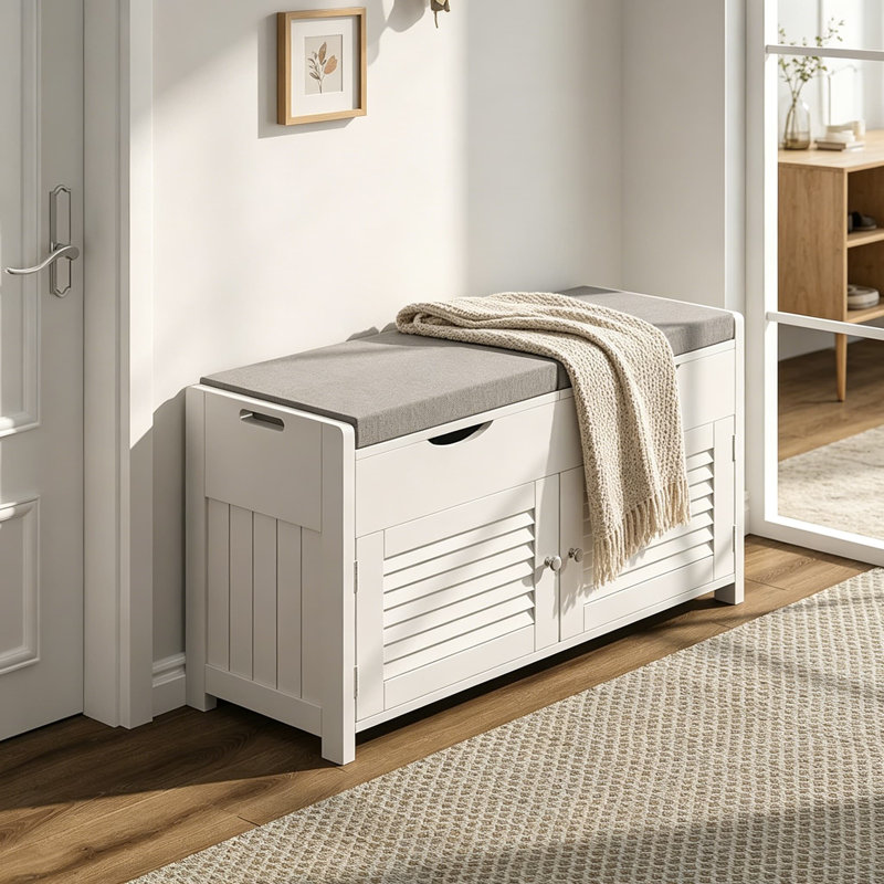 Banc de rangement pour chaussures avec rangement surélevé, banc d'entrée avec 2 sièges rembourrés, 3 compartiments et tablette réglable, armoire à chaussures pour entrée, chambre à coucher, salon