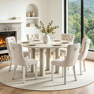 46.85" Round Mars Pattern Wood Dining Table Set with 6 Velvet Upholstered Chairs, 7 Pieces Dining Room Table Set, Scratch-Resistant & Stain-Proof Wooden Top, 4-Round-Leg Stable Base, Space-Saving Modern Farmhouse Dining Set for 6