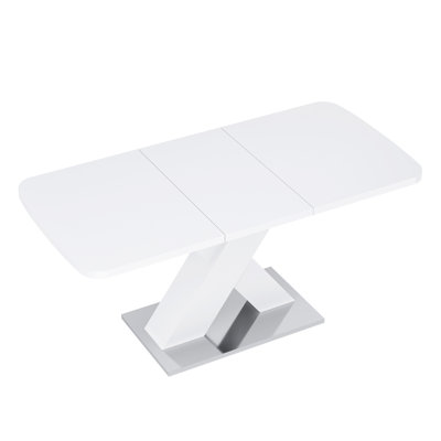 White Square Dining Table, Stretchable, With Steel Base, 29.7"h Height, Simple Assembly Stretchable Feature, 220 Lbs Load Capacity, Easy Setup