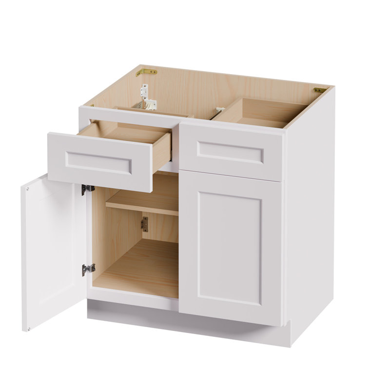 Armoire de cuisine à double porte 33 po, armoire de cuisine Shaker en bois massif avec tablettes réglables et intérieur imperméable, pour le rangement de la salle de bain, blanc, facile à assembler (lavabo non inclus)