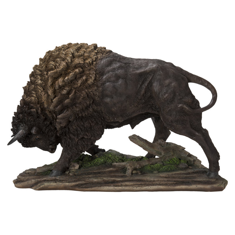 Large Brown Polyresin Bison Head Down Statue