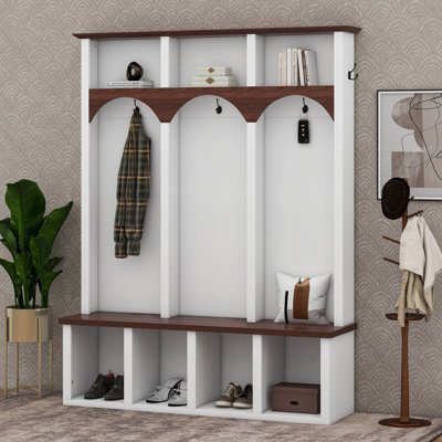 Farmhouse Wooden Hall Tree with Arched Design, 4-in-1 Entryway Storage Bench with 5 Hooks & 7 Cubbies, Rustic Mudroom Shoe Cabinet