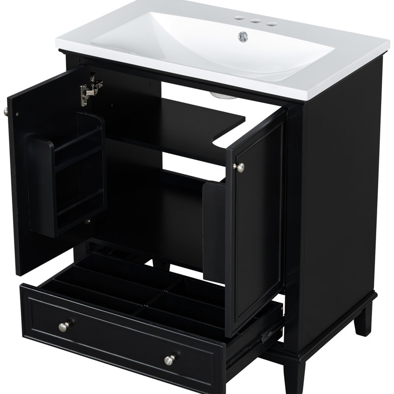 Meuble-lavabo 30 po - Noir, bois massif et armoire de rangement multifonctionnelle réglable à l'intérieur, Black