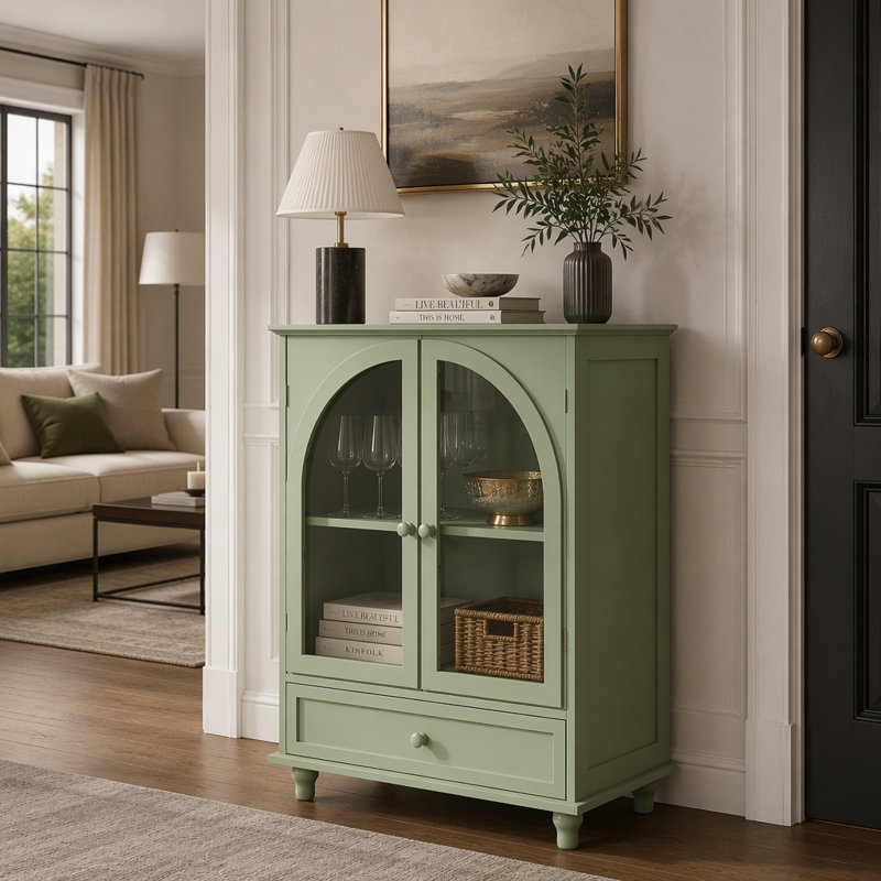 Buffet Farmhouse avec portes en verre à deux arches, Vert