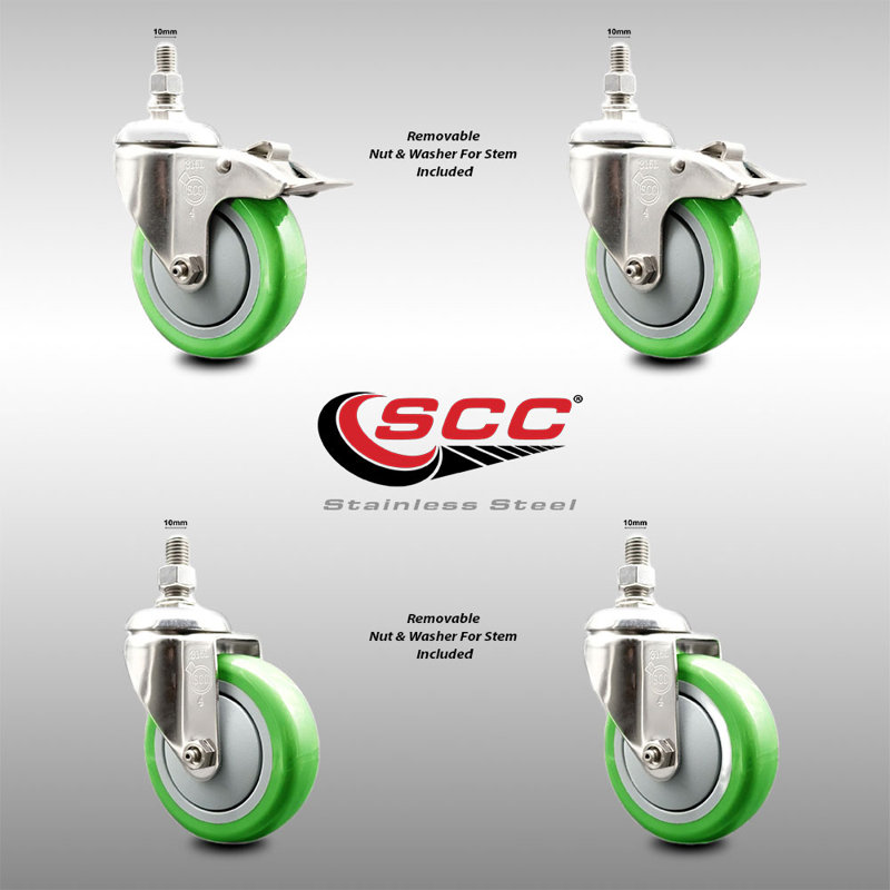4 Inch 316SS Green Polyurethane 10mm Threaded Stem Caster Set 2 Lock Brake