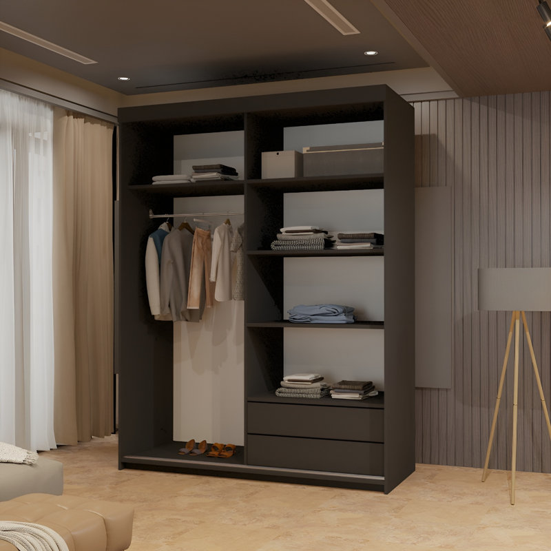 Chabier 2 Door Manufactured Wood Wardrobe, Black, 217cm H x 150cm W x 62cm D