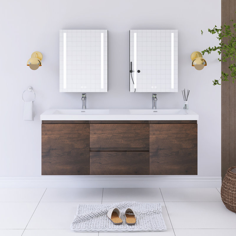 Meuble-lavabo mural double avec plateau en résine 59,05 po Reca, Palissandre