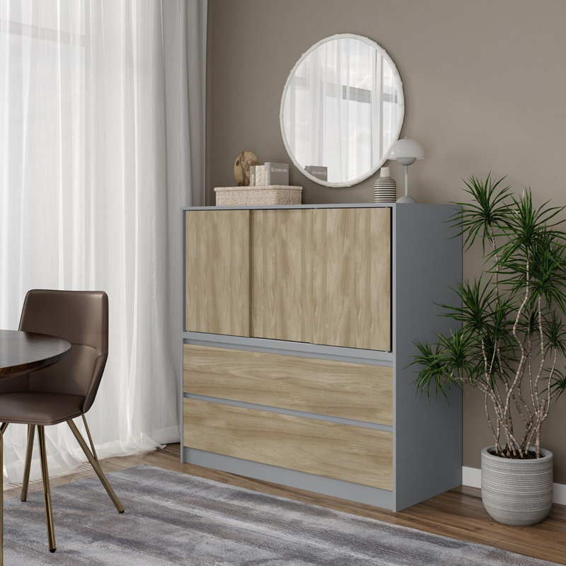 Solid Wood Rectangle Accent Cabinet, Grey with Oak