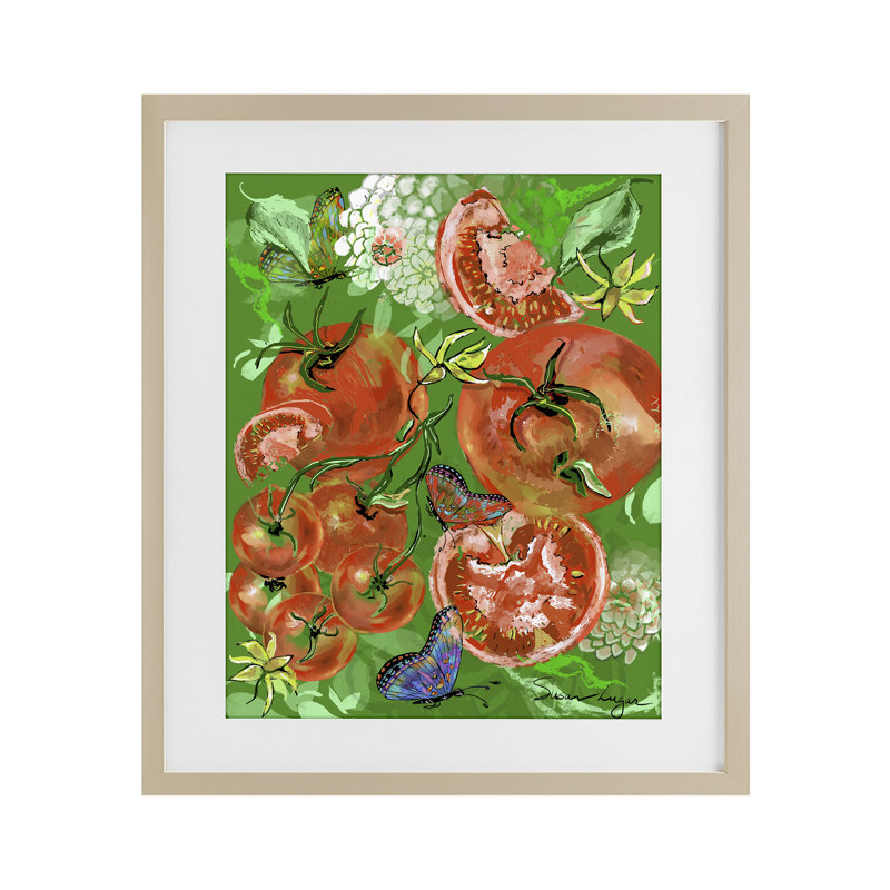«Tomatoes Swirl Collage», impression par Susan Lugar, H 16 po x l 13 po, Récolte de pin sous cadre en verre