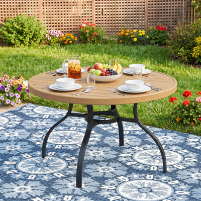 47" Round Metal Outdoor Patio Dining Table For 4, All-Weather Slatted Outdoor Table With Umbrella Hole,Brown