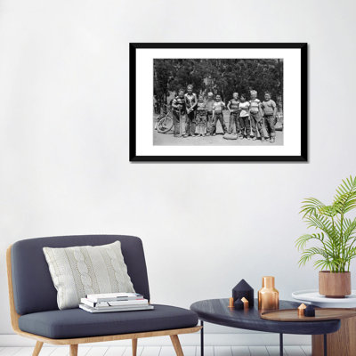 " 1950s Lineup Of 9 Boys In Tee Shirts With Bats & Mitts Facing Camera "
