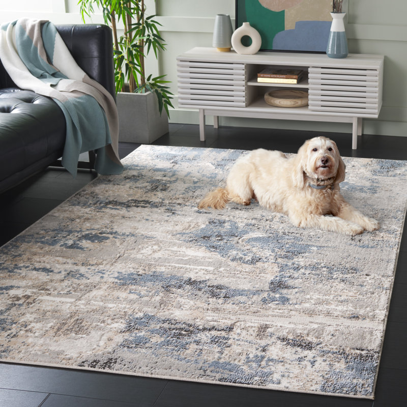 Ivory and Blue Abstract Stain-Resistant Rectangular Rug