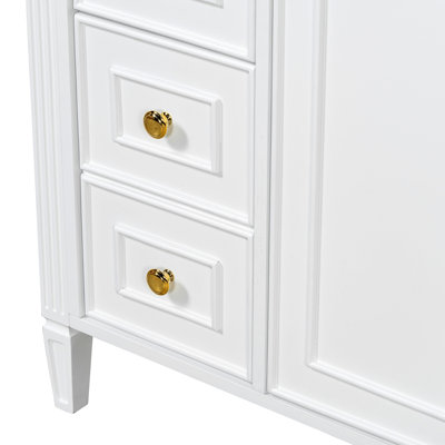 Meuble-lavabo de salle de bain avec lavabo, armoire en bois massif avec tiroir rabattable, 3 tiroirs et 2 portes à fermeture en douceur, poignées dorées et design moderne