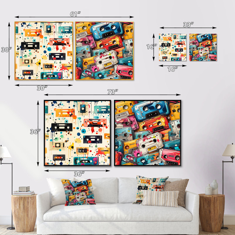 Motif de cassettes Graffiti Pop Art, ensemble de 2 collages carrés abstraits, Cadre flottant noir, H 16 po x l 33 po