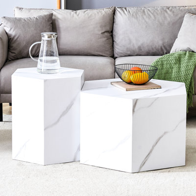 Coffee Table With Hexagonal Design And White Marble Pattern - Make Your Home More Appealing Made Of Finish, 27x23.6x16.5 & 18x15.7x19.7 Inches, Ready For Use, Attractive Appearance