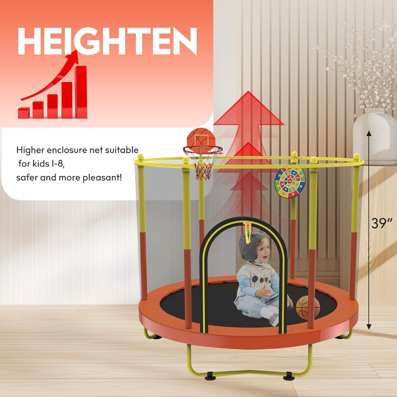 Trampoline 60 po pour enfants avec filet, petit trampoline d'intérieur et d'extérieur pour enfant de 5 pi avec panier de basketball et jeu de fléchettes pour les 1 à 8 ans, cadeaux d'anniversaire, jouets de Noël pour tout-petits