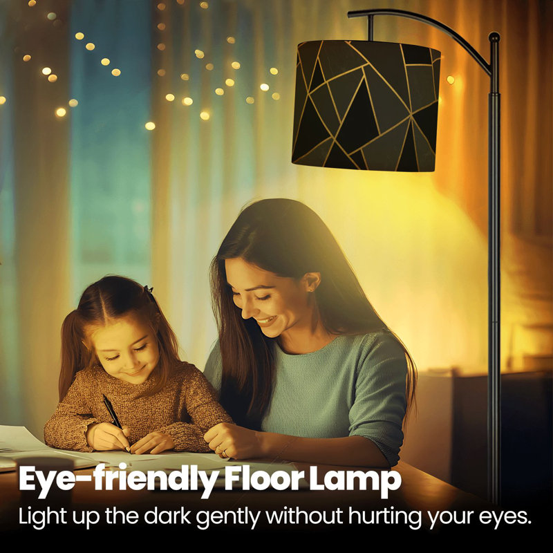 Lampe sur pied à arc avec abat-jour réglable mosaïque moderne triangle doré noir abstrait géométrique lampe sur pied 3 températures de couleur à haut gradateur avec interrupteur au pied pour la chambre à coucher