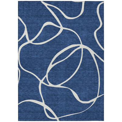 5' X 8' Navy Blue Abstract Washable Indoor Outdoor Area Rug