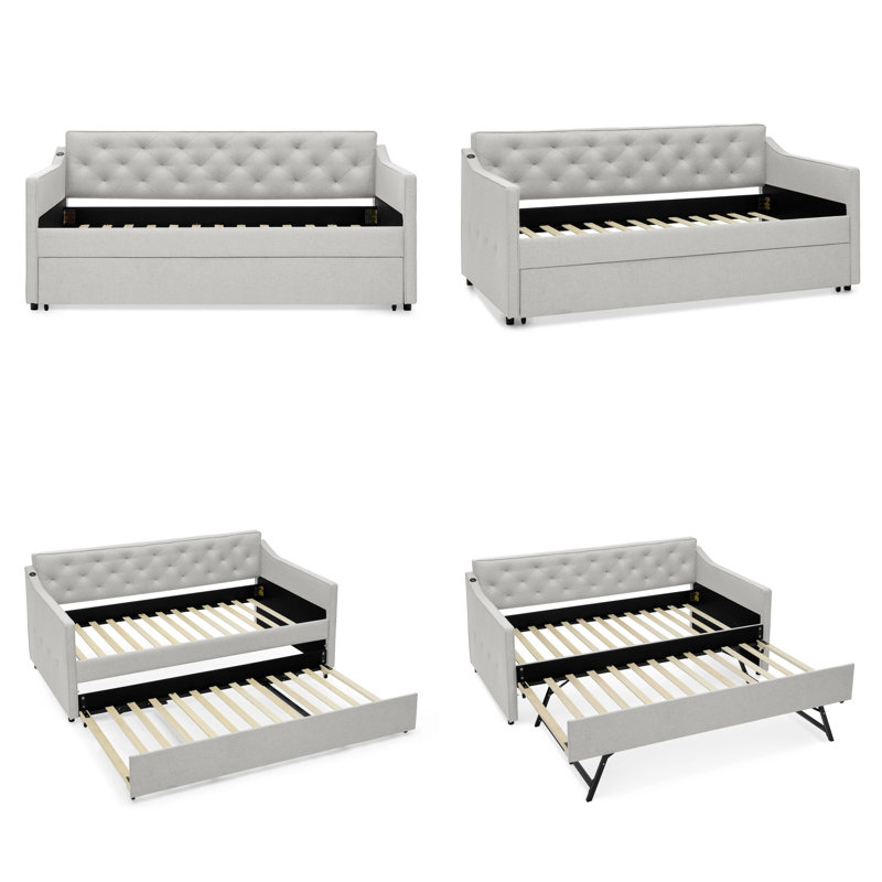 Upholstered Daybed with Pop‑Up Trundle & USB Charging | Velvet Sofa Bed with Button Tufted Back | Space‑Saving Guest Bed for Living Room, Bedroom, or Home Office