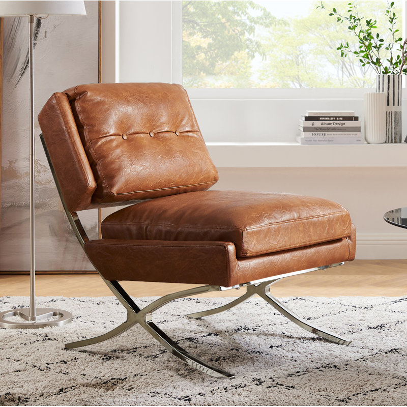 Charliee 26.38'' W Tufted Faux Leather Upholstered Accent Slipper Chair, Cognac Faux Leather