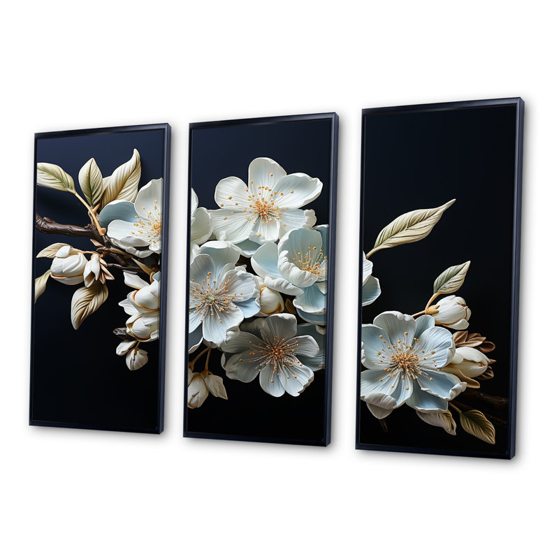 Minimalisme, art floral sur fond blanc, Cadre flottant noir, H 40 po x l 60 po x P 1 po