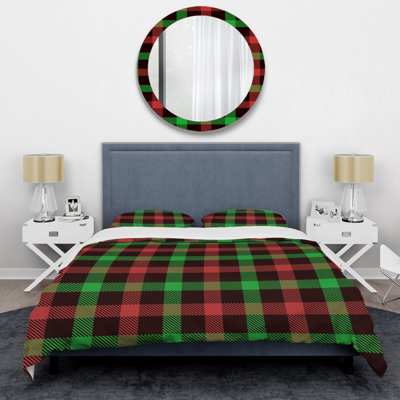 Tartan à carreaux vert et rouge - Ensemble de housse de couette abstrait - Microfibre de polyester