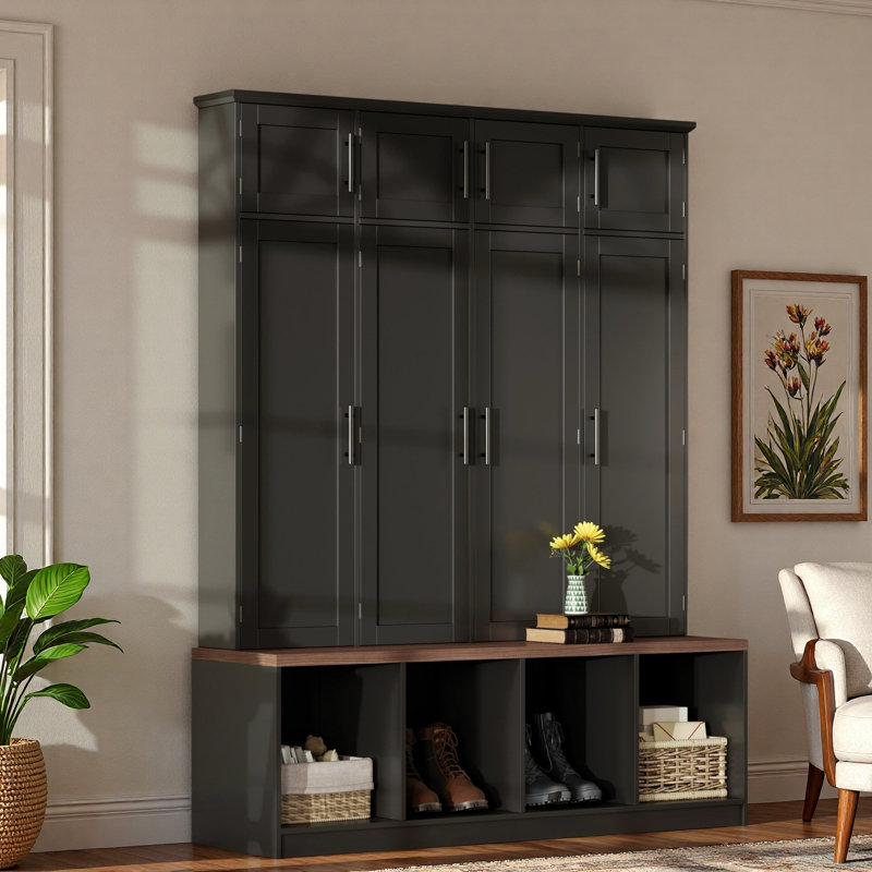 Farmhouse Hall Tree With 4 Hidden Hanging Hooks, Seating Bench, Storage Cabinet And Open Compartment, White