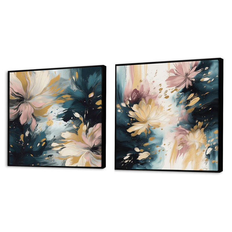 Abstractions en fleurs roses et beiges - ensemble de 2 collages carrés floraux abstraits, Cadre flottant noir