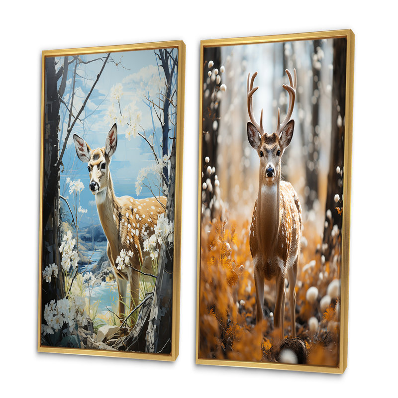 «Deer Graceful Fawn Pastoral», 2 pièces, H 32 po x l 32 po, Encadrement doré