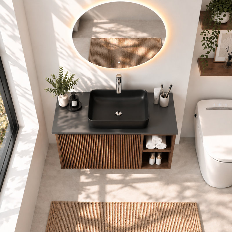 Meuble-lavabo mural de 91 cm avec lavabo, meuble suspendu cannelé en noyer avec étagères ouvertes, comptoir noir mat et design de rangement moderne