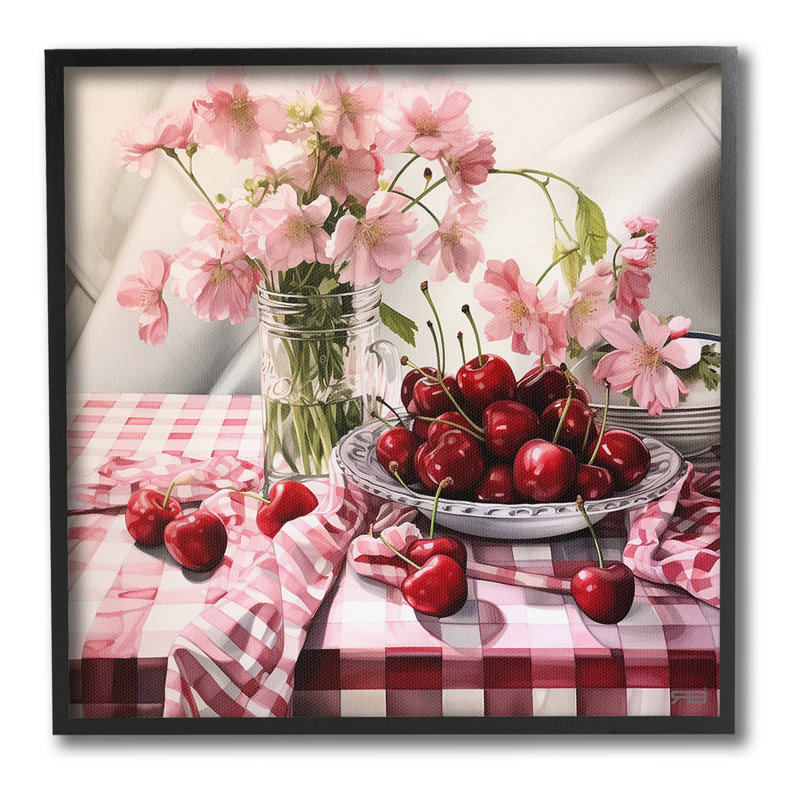 Summer Cherries & Florals, art de la giclée encadrée par RB, Giclée encadrée noir minuit, H 17 po x l 17 po