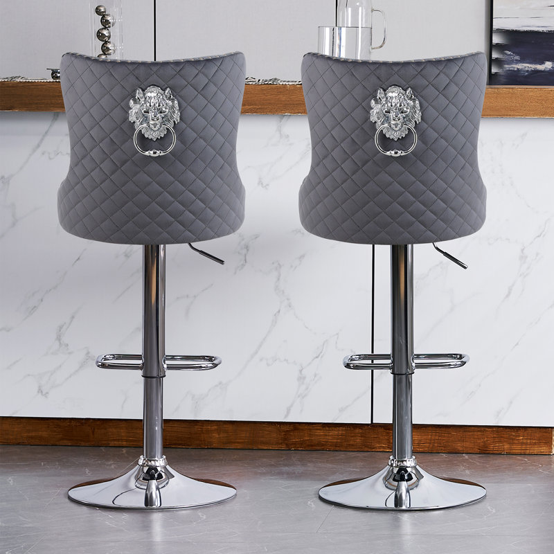 Swivel Upholstered Adjustable Height Counter Stool with Metal Frame, Silver, Gray