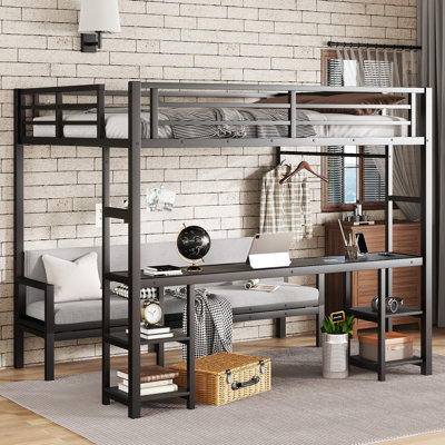 Grand lit superposé simple au-dessus d'un lit simple TG avec bureau et tablettes, cadre de lit en métal avec DEL et USB, usages multiples se replie dans le canapé, pour la chambre à coucher, aucun sommier nécessaire, noir
