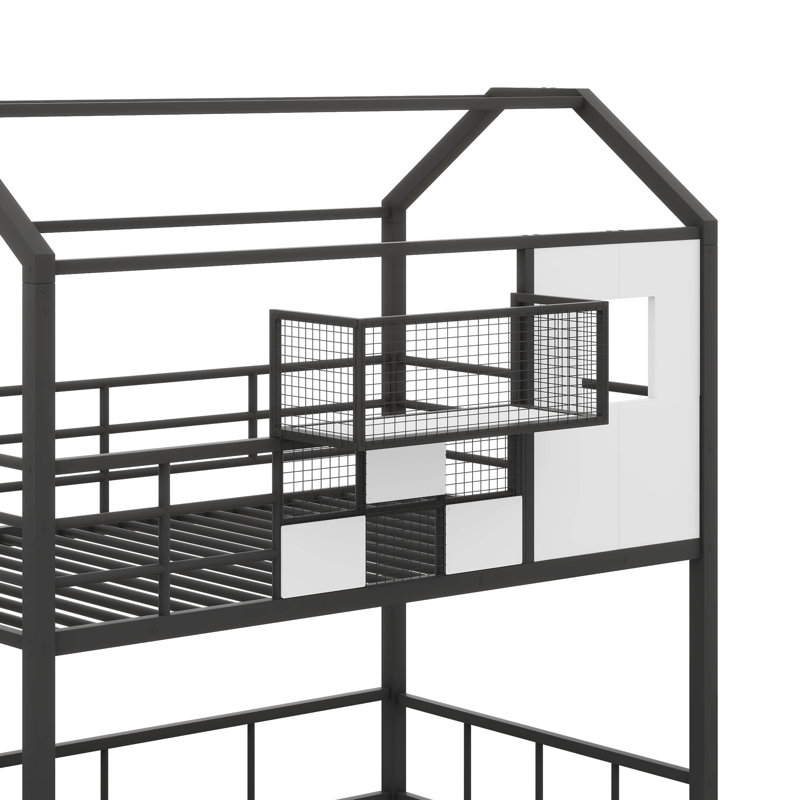 Lit mezzanine en métal avec toit et boîte de rangement, Noir