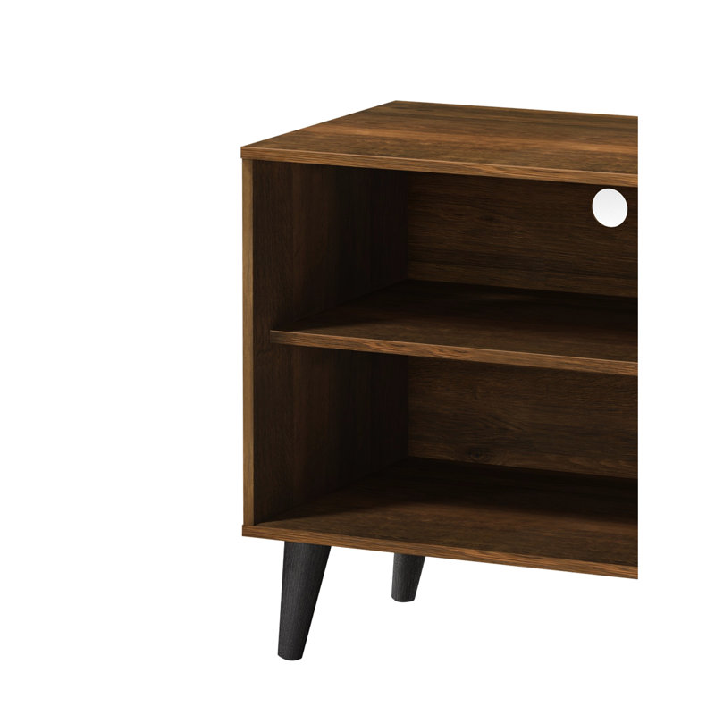 Brown Tv Stand Accommodating 50-59 Inch Tvs. 2 Storage Shelves & 1 Cabinet. Modern Entertainment Centre For Living Space. Functional Open Shelf Electronic Goods. Hidden Mid-Century Style Design.