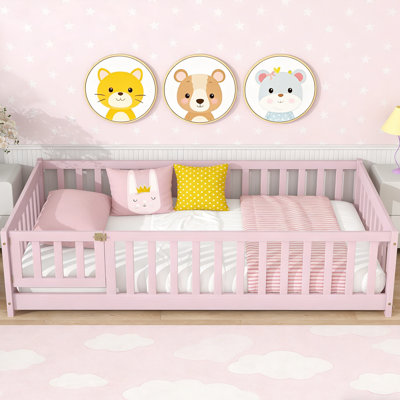 Lit simple en bois d'hévéa avec porte de sécurité Klayman, lit de transition pour enfants avec garde-corps, aucun sommier nécessaire, rose, pour les chambres d'enfant et les chambres d'enfant