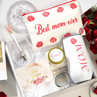 Cadeaux de fête des mères, panier-cadeau élégant rose, famille de cadeaux uniques, ensemble de verres à boire en verre, fête des mères, anniversaire, boîte-cadeau de Noël
