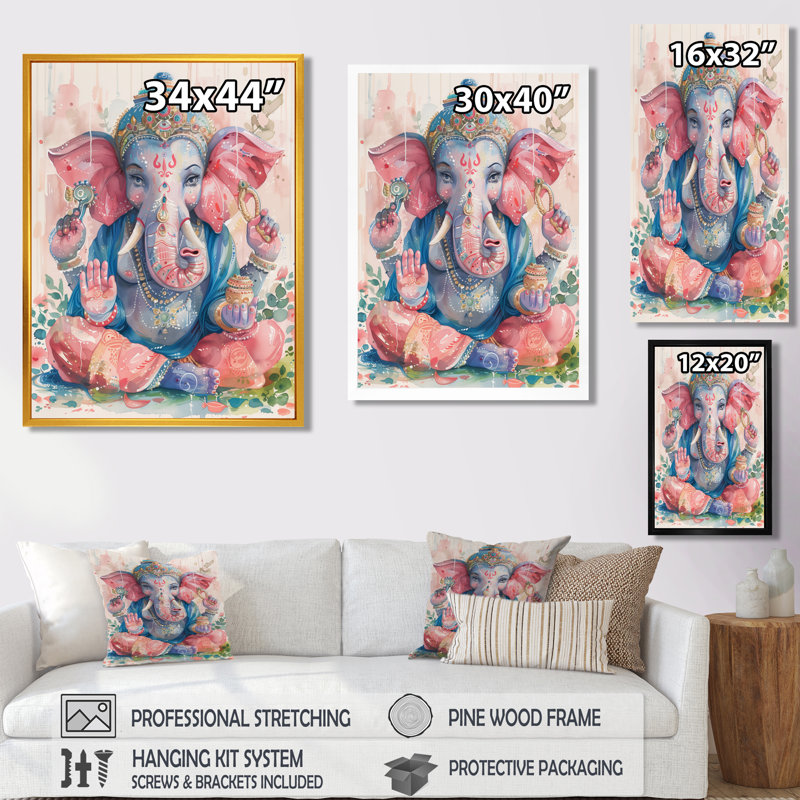 Rose, bleu, Inde, Ganesha II - Art mural indien, Toile tendue, H 30 po x l 40 po