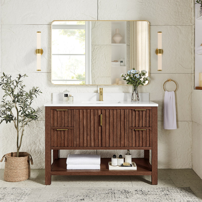 Meuble-lavabo simple 48 po avec plateau en pierre composite Chace, Chêne brun foncé vieilli / or brossé