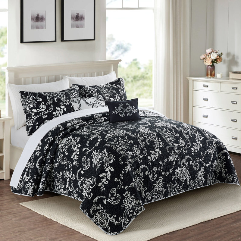 5 Piece LA Boheme Printed Microfiber Quilts Set, Black, Oversize King Quilt + 4 Additional Pieces