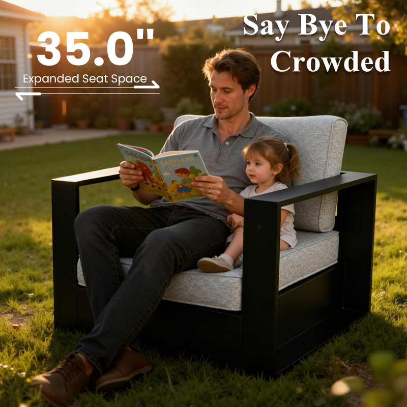 204cm Wide Patio Sofa with Cushions, Grey Cushion/Black Frame