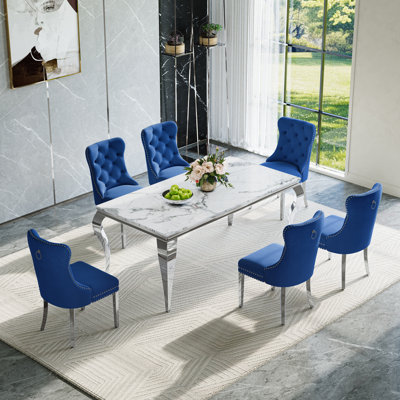 7-Piece Dining Table Set, Marble Veneer MDF Dining Table, With 6 Velvet Dining Chairs