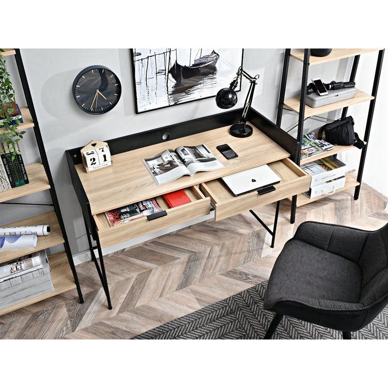 Dawnette Metal Base Writing Desk, Black, Oak/Black