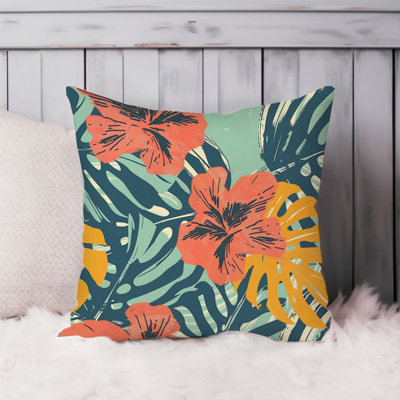 Floral Tropical Flowers & Leaves I Hawaiian Tropical Throw Pillow Cover