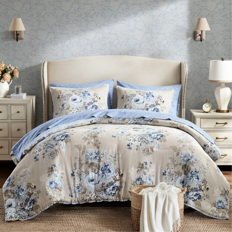 Ensemble de 7 édredons et coussins pour grand lit, motif floral beige / bleu, deux motifs, pour un usage quotidien